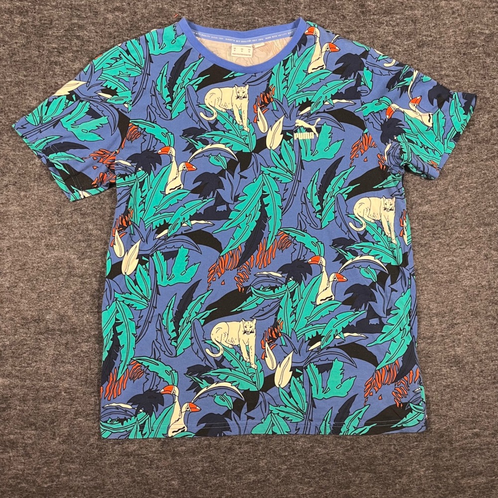 Puma Mens Tropical Jungle Print T-Shirt Blue Green Cougar Toucan‎ Size M